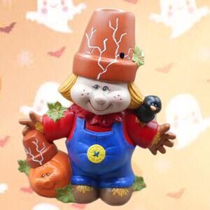 Vintage Ceramic Crack Pot Scarecrow w/Pumpkin 9.5" 1997 Halloween Thanksgiving
